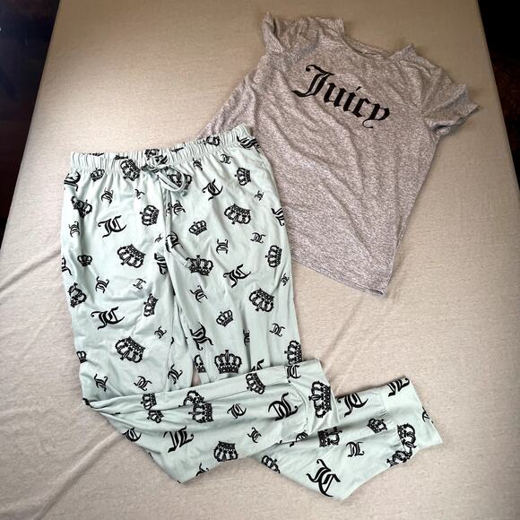 Juicy Couture Pants - Juicy Couture Pajamas Gray Top Blue Pants All-Over Logo Crown M
